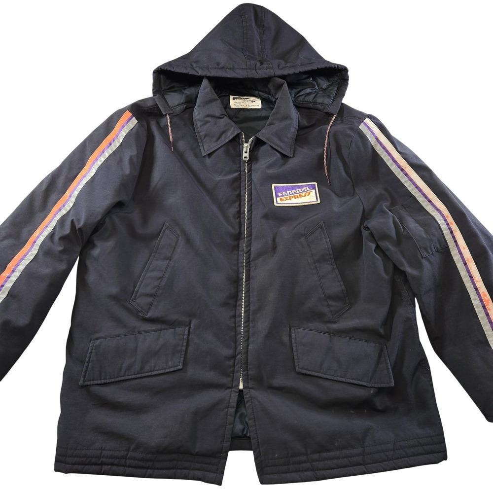 Vintage FedEx Jacket Mens XL Blue Hooded Zip Front Federal Express Patch Uniform
